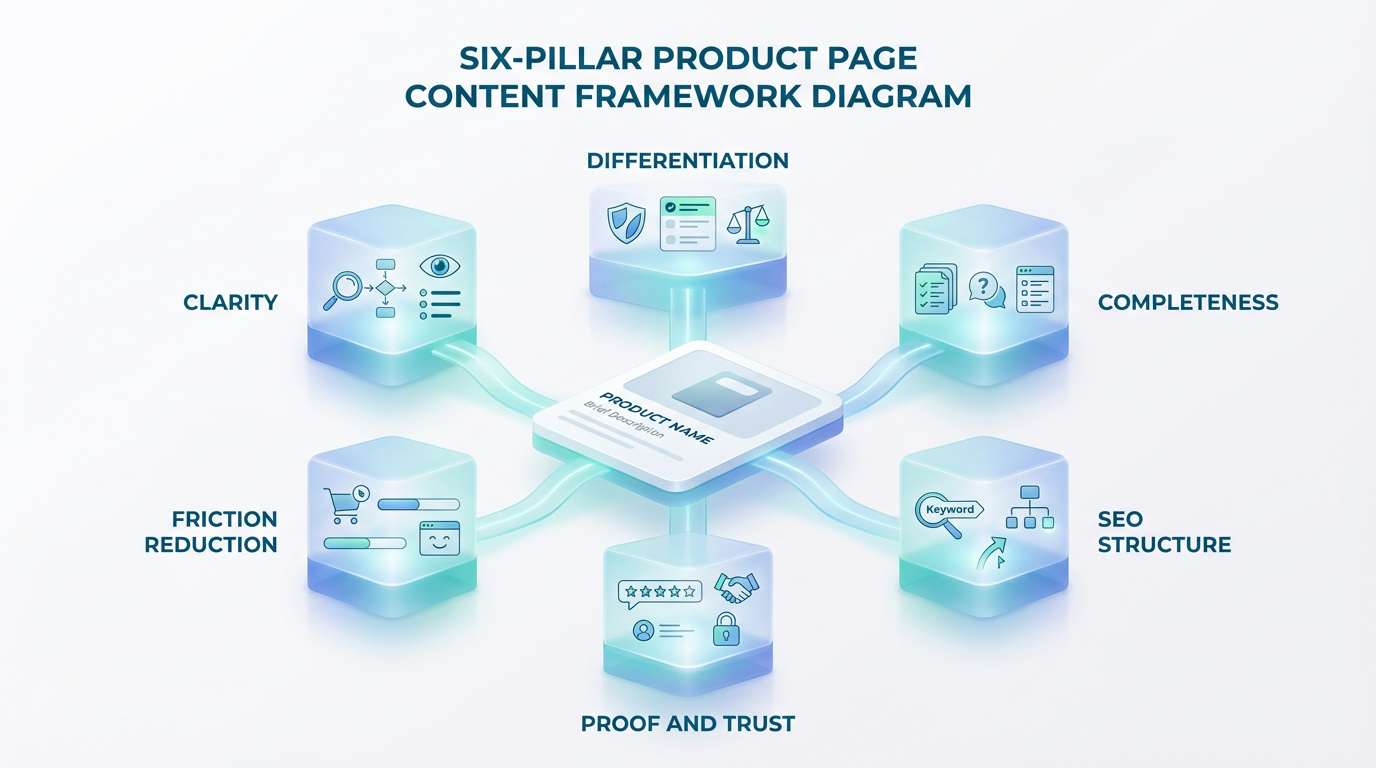 Six-pillar product page content framework diagram