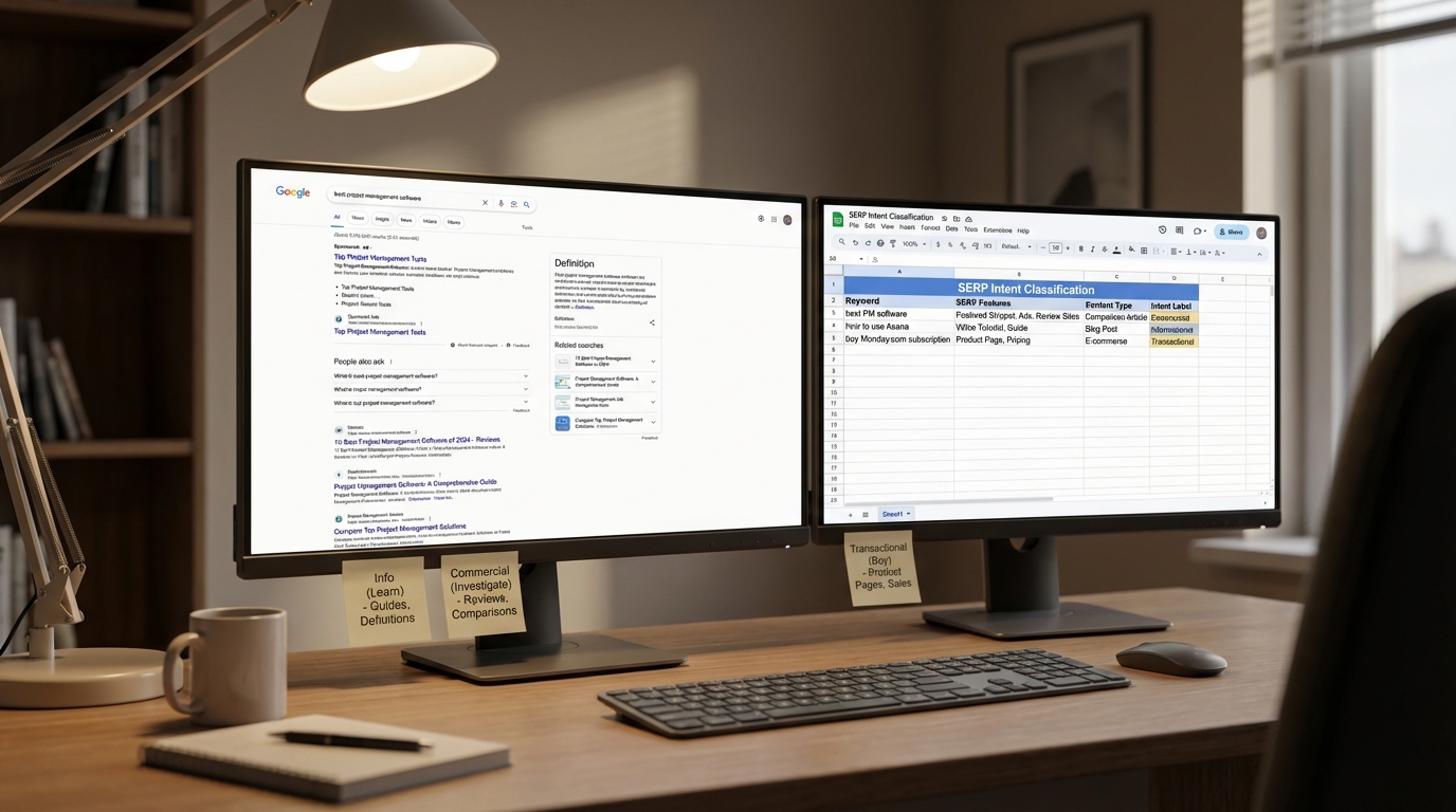 SERP Review and Intent Classification Desk Scene
